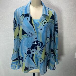 VTG DRESSBARN Woman Blue Abstract Print Sheer Long Sleeve Blouse, Tank XL *